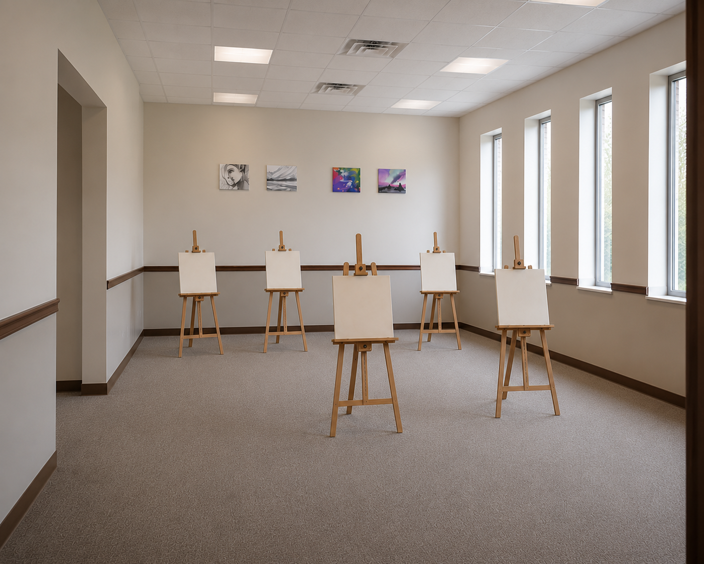 The Silo Psychiatric art therapy studio, with easels arranged before a wall of patient work.